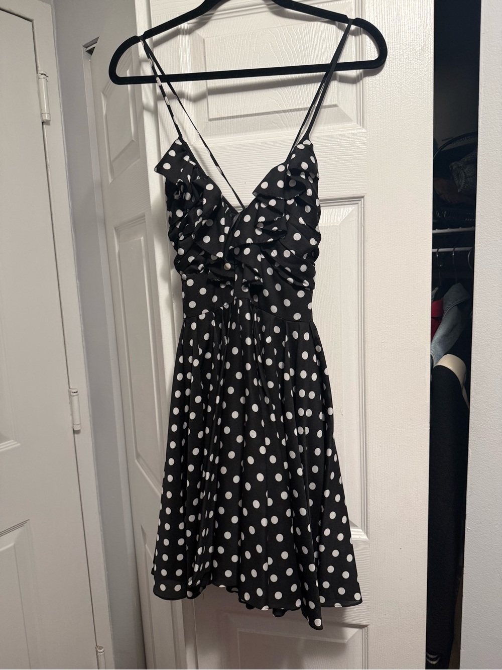 Polka Dot Ruffle Spaghetti-Strap Dress in Black and White